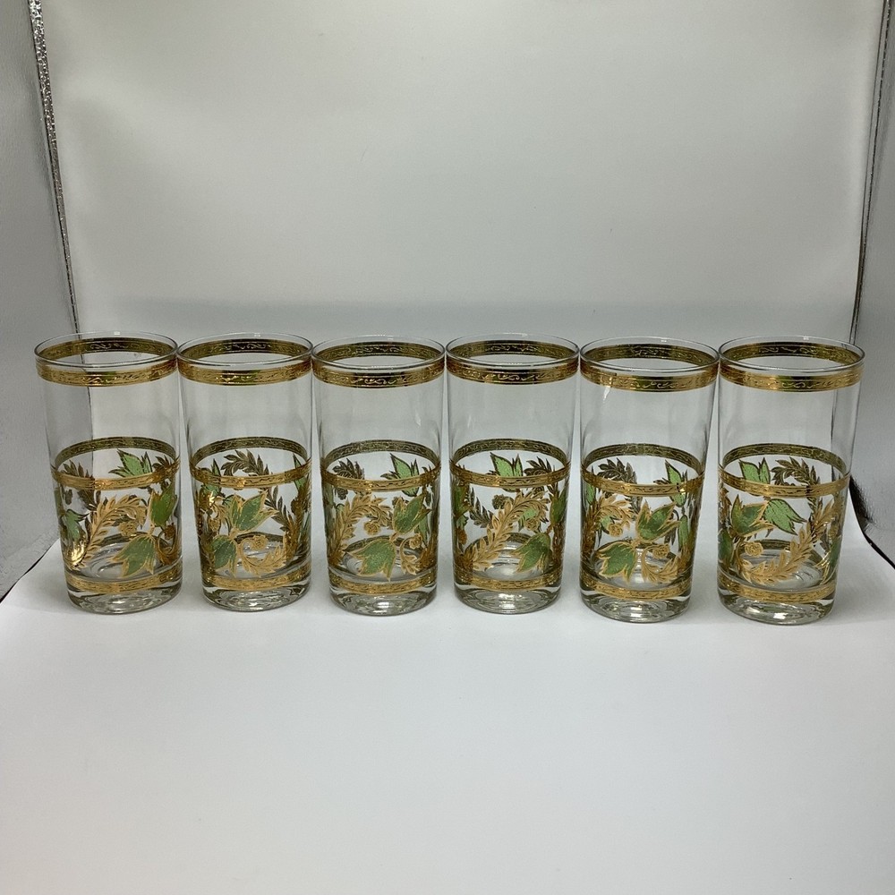 VTG Culver Ivy & Vines Green & Gold Highball 6 Glasses 22k Gold Decoration MCM