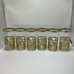 VTG Culver Ivy & Vines Green & Gold Highball 6 Glasses 22k Gold Decoration MCM