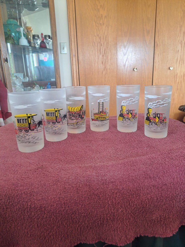 Libbey Frosted Cocktail Tea Glasses Early Transportation Theme Vintage Set Of 6