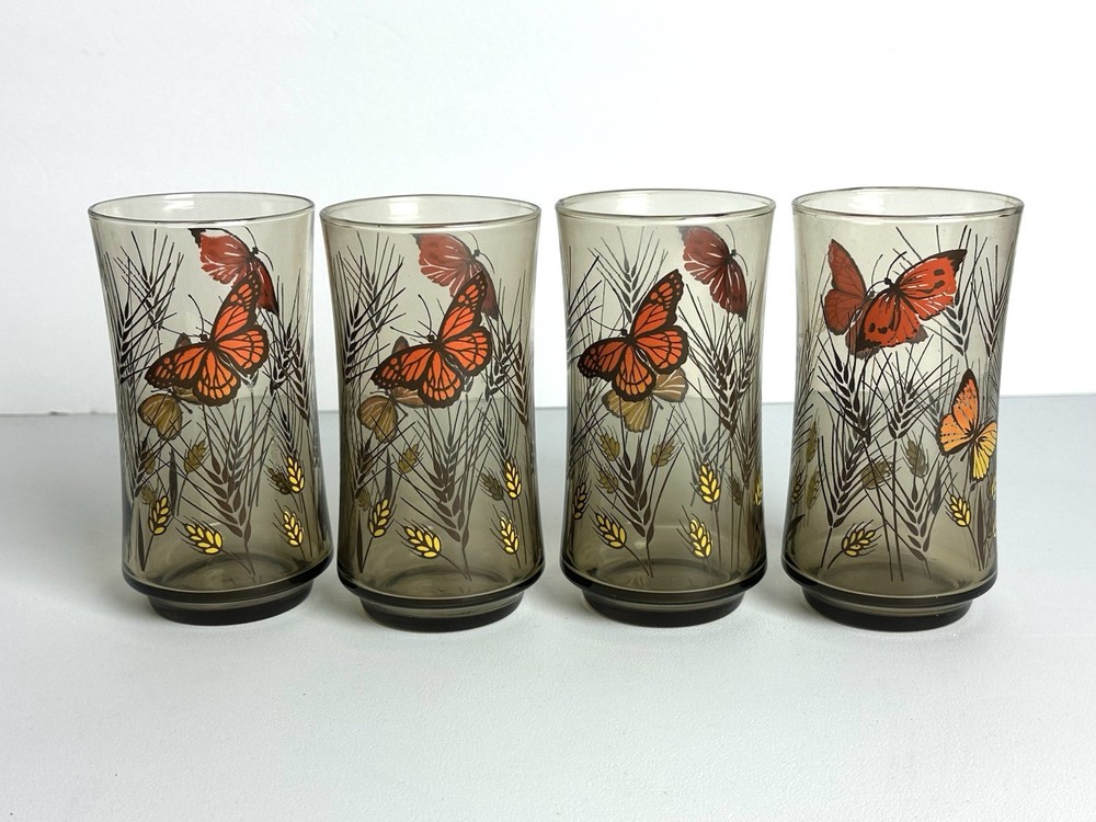 4 Vintage MCM Libbey Smoked Monarch Butterfly Wheat Tumblers Glasses Retro 5”