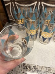 Set of 8 Federal Glass Nordica Turquoise & Gold Atomic Highball MCM Barware