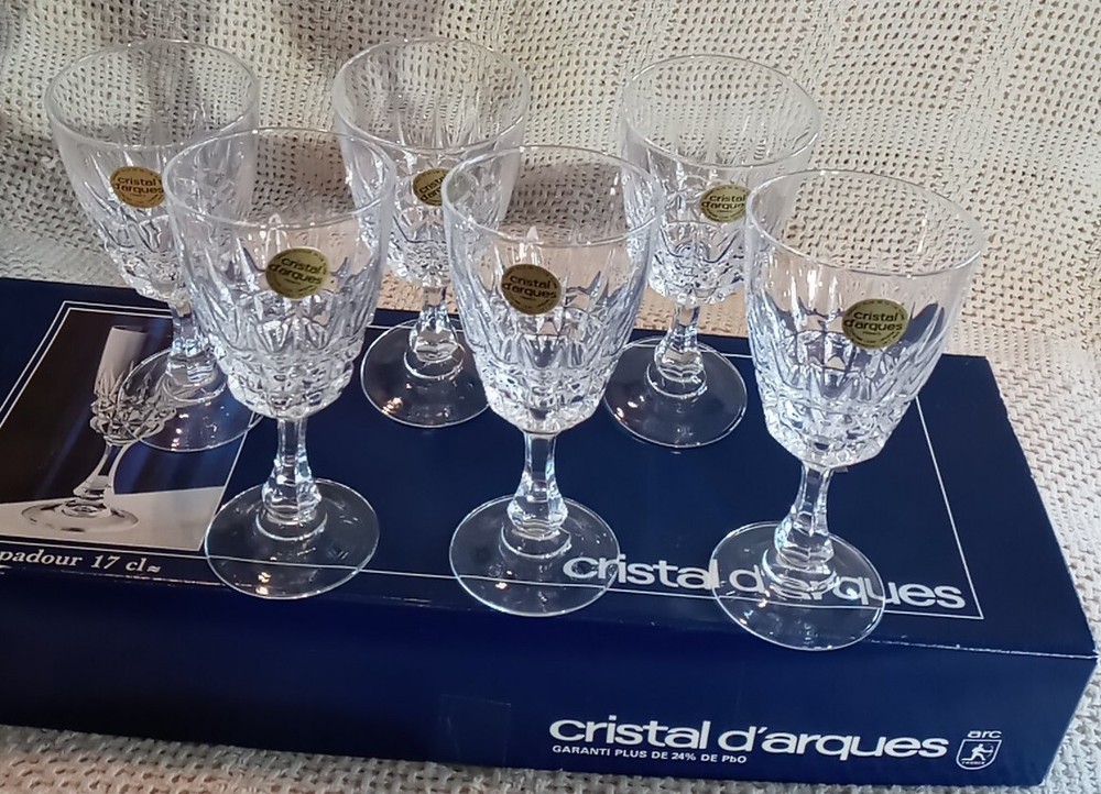 Vtg.Cristal D’Arques Durand Set Of 6 Pompadour Glasses 17 Cl, 24%Lead Crystal OB