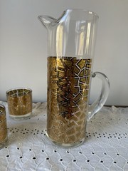 Mid Century 22k Gold Mosaic Pitcher & Set Of 6 low ball glasses- hard to find