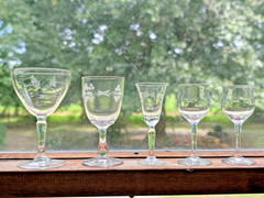 Antique Lot of 5 Clear Etched & Plain Cordial Glasses
