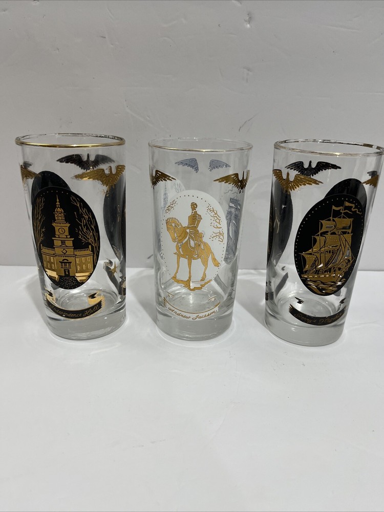 VTG 1960 Libbey 3 Tumblers Perry’s Flag Ship Andrew Jackson Independence Hall