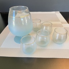 Vintage Frosted Blue Ombre Glass Pitcher & 5 Tumblers Gold Rim | MCM Blendo Set