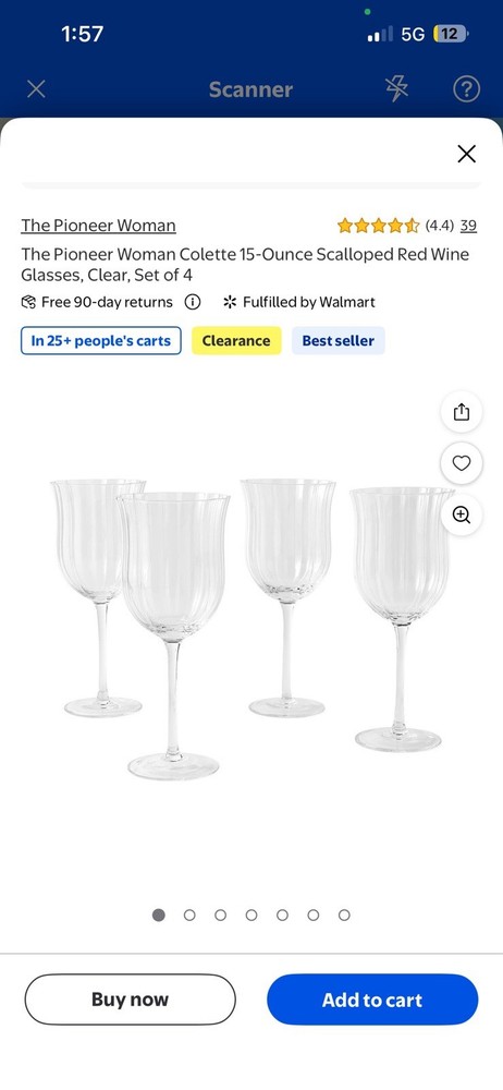 The Pioneer Woman Colette Scalloped Clear Wine Glasses 15 oz Set of 4