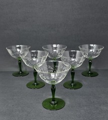6 Rare Vintage Clear Etched Glass Champagne Glasses Green Stems Leaf Dot Design