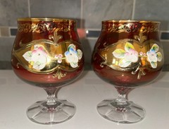 Vt Bohemian Czech Ruby Red Cordial Glasses, Hand Painted Enamel Floral, Pair