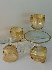 4 Vintage Bartlett Collins Atomic Starburst Amber Thumbprint Goblets MCM