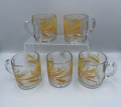 Vintage Golden Wheat Pattern Glass Mugs Clear Orange Gold Lot of 5 Coffee Tea