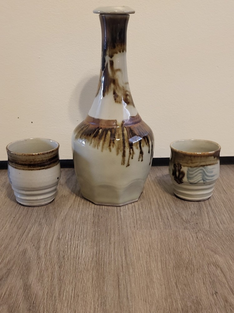 Vintage Pottery Decanter 2 Cups Hand Glaze Cork Stopper Brown