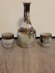 Vintage Pottery Decanter 2 Cups Hand Glaze Cork Stopper Brown
