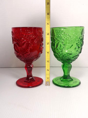 Pair Vtg Madonna Inn «Flat Rose» Green Red LG Wright Glass Goblet 6.5 inch