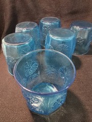 Vintage Anchor Hocking Spring Song Daisy Blue Juice Glass Set/2 Mid Century USA