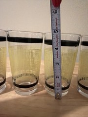 VTG Rare 1940-50s Yellow BURLAP (4) Tumbler Retro Glasses Black Border Barware