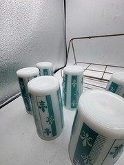 Hazel Atlas Fleur De Lis Turquoise Blue Tumbler Set, 1950s With Carrier