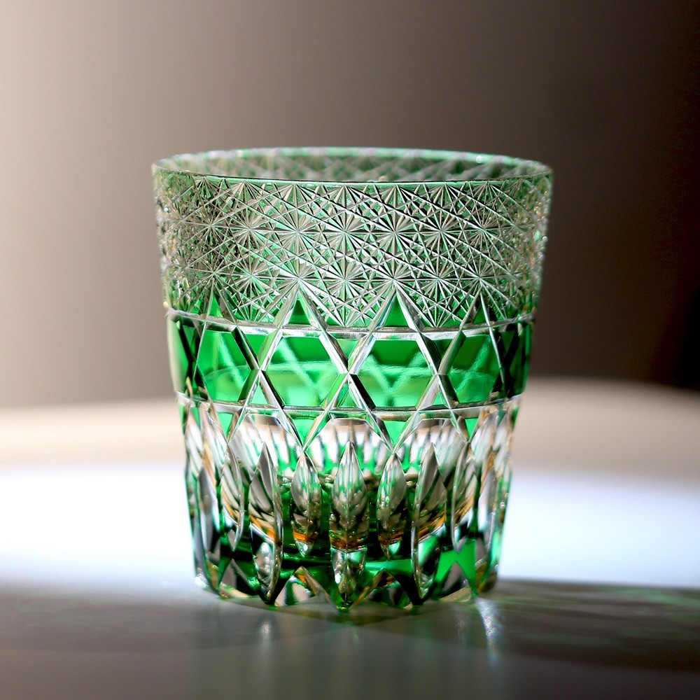Vintage Green Whiskey Glass Hand Cut Crystal Rock Glasses 12oz Birthday Gift
