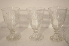 ANCHOR HOCKING LAUREL GRAY CUT Juice Wine Sherbet Champagne Glasses Dessert Bowl