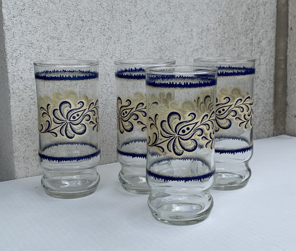 MCM 70s Blue & Gold Floral Print Juice Tumbler Glasses 6″ Vintage Retro