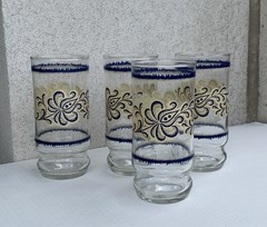 MCM 70s Blue & Gold Floral Print Juice Tumbler Glasses 6″ Vintage Retro
