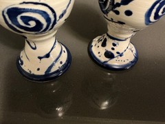 MUD WORKS IRISH MADE Set of 2 Off White & Blue Pottery Goblets- 4 & 3/4” High
