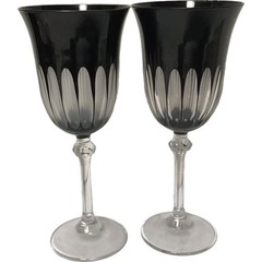 Vintage Italian Black Cut Crystal Hand Blown Wine Glass Set of 2 Italy Barware
