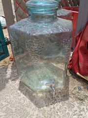 2 Vintage SVE green glass grape pattern 5 gal Hexagon beverage Jar w/Lid/Spigot