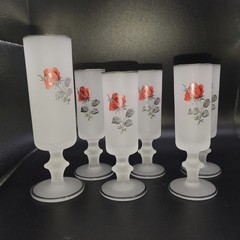 VTG Red Rose Cordial Glasses Set – 1 Tall & 5 Short – Frosted Silver Rim