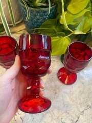 Vintage Ruby Red Wine Goblets Set of 3 Faceted Glass Stemware Mid Century Bar