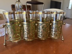 Vtg Culver MCM Baroque High Ball Tumblers 22K Gold 5 Scroll Olive Green 5.5″