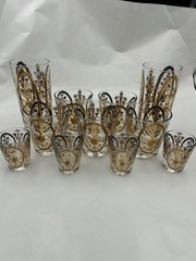 11 Pc Set Vtg UTD Glass/barware 22K Gold Overlay Hiball, Lowball, shot glasses