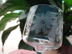 Tiffin Clear Panel Optic Grey Cut Floral Wine Glass w/ Cut Facet Stem 14186 EUC