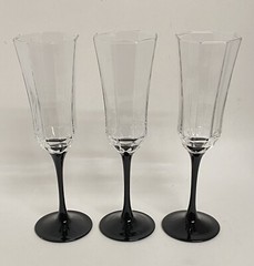 3 ct VTG Luminarc France Octime Black Stem Champagne Flutes Wine Glasses 8 5/8”