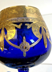 Vintage Brandy Cordial Cognac Snifter Cobalt Blue Glass Gold Accents