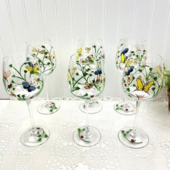 Lenox Set of 6 Butterfly Meadow Collection Clear Glass Wine Goblets Handpainted