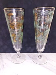Vtg 2 Libbey Marine Life Pilsner Glasses Fish Seahorse Beach Tropical Gold Aqua