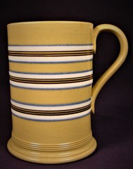 EXTREMELY RARE 1800s ANTIQUE BLUE WHITE & BLACK 21 BAND TANKARD YELLOW WARE MINT
