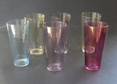6 Vtg Delicate Depression Glass Tumblers iridescent Optic 6 1/2″ Multi colors