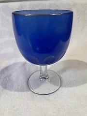 MCM Bartlett Collins Thumbprint Stem Goblet Glass, rare Blue color, Gold Rim