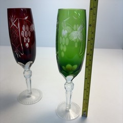 Vintage Ajka Cut to Clear 24% Lead Crystal Champagne Flutes Ruby Red Green Pair