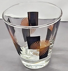 Atomic Double Shot Glasses 3 oz Black Block Gold Starburst MCM Barware Vintage