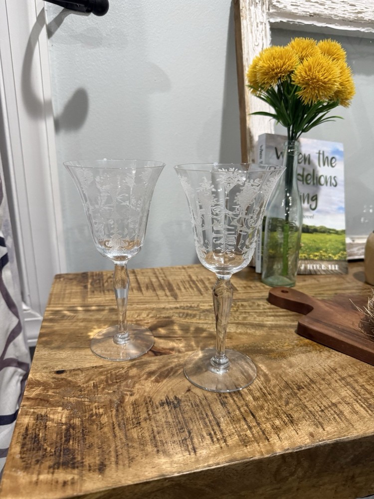 Morgantown Mayfair Pattern 1940’s Set Of 2 Etched Glass Water Goblets 7 5/8″