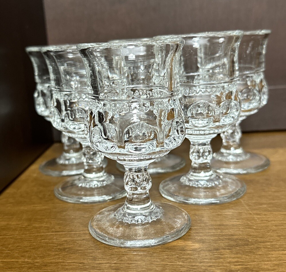 6 Tiffin-Franciscan King’s Crown Clear Glass Thumbprint claret wine 3.75″ VTG