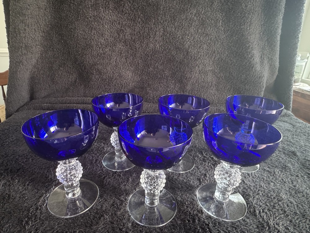 Morgantown Golf Ball Ritz Blue Glasses. Champagne Coupe/Tall Sherbet. Set of 6.