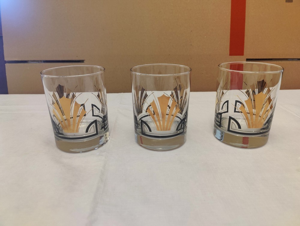 Vintage Low Ball Rock Glasses Gold Shell Black Stripe Art Deco