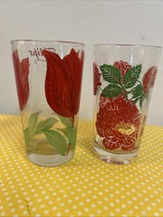 Vintage Boscul Peanut Butter Glasses Tulips Name On Top Rose Red Green Lot Of 2