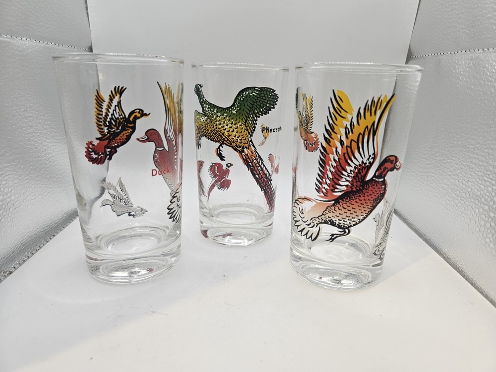 Vintage Hazel Atlas Hunting Birds Water Fowl Highball Glasses tumblers set of 3