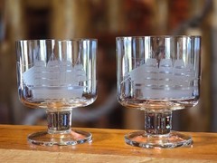 2 Toscany Romania Clipper Ship Etched Crystal Barrel Footed Whiskey Glasses