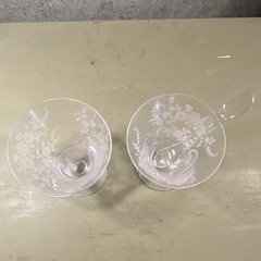 Set of 2 Clear Etched Floral Glass Footed Dessert Bowls Compote 4 in